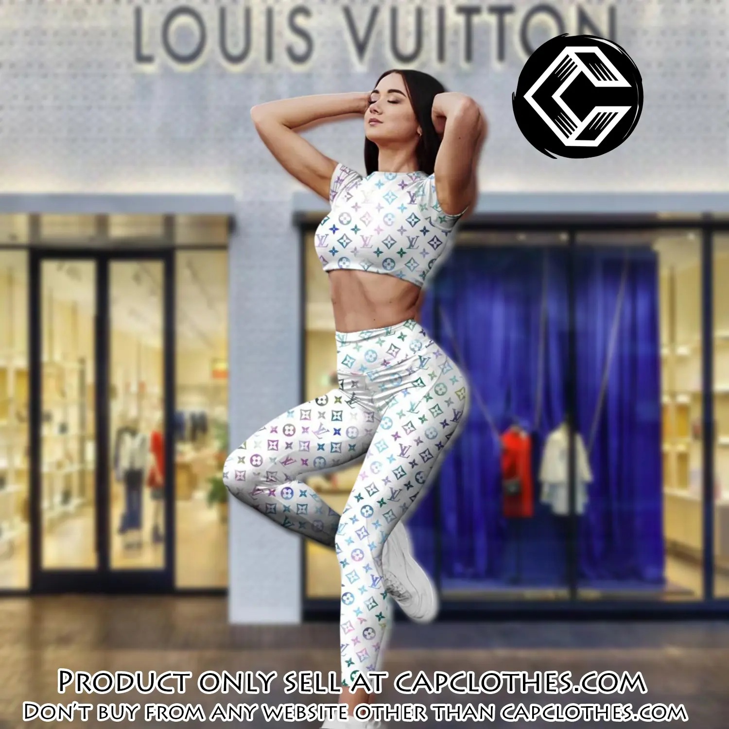 White louis vuitton sportwear combo luxury crop top tshirt and legging for women ctl1005 cc0108686